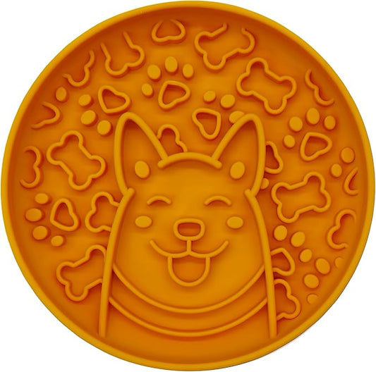 Silicone Slow Feeder Bowl for Dogs, Suction Cup Design, Non-Slip Base, Puppy Pattern Eating Slow, for All Breed Dogs (Dark Yellow)