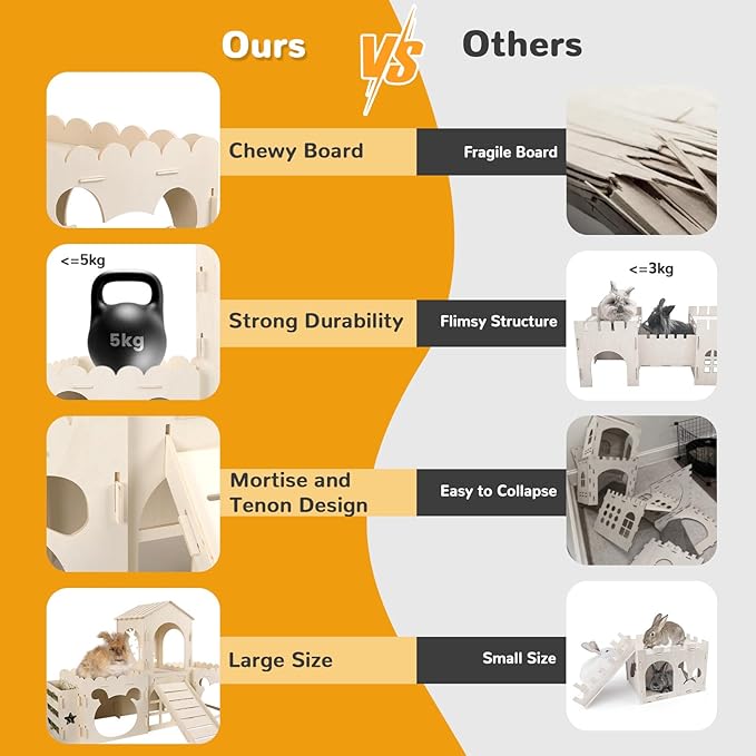 Large Rabbit Hideout Bunny Castle, Wooden Bunny House & Hay Feeder, Detachable Rabbit Hideaway, Indoor Rabbit Castle with Ramp, Small Animal Houses & Habitats