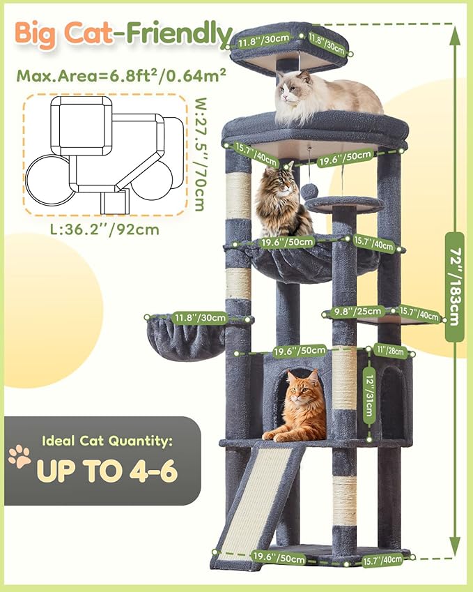 Taoqimiao 72 Inches Cat Tree for Large Cats, Multi-Level Tall Cat Tower, Widened Cat Condo with Large Scratch Board, 5 Scratching Posts, Metal Hammcock, Cozy Basket, Smoky Gray, MS045G