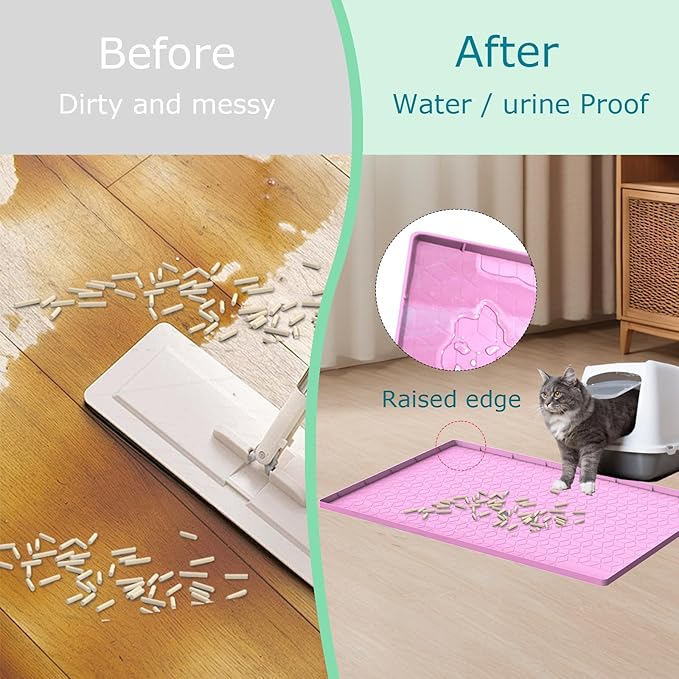 Cat Litter Mat, Silicone Large Cat Mat for Litter Box - 28x22 in, Waterproof & Non-Slip, Durable & Easy Clean, Pink