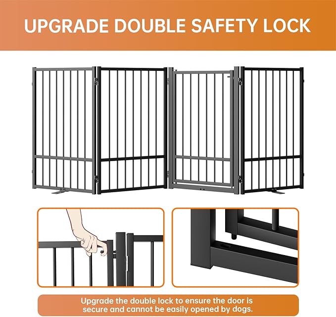 Full Metal Freestanding Dog Gate with Door, 32''Height Foldable Pet Dog Fence for Indoor & Outdoor, 4 Panels Extra Wide Free Standing TallDog Gates for Doorways,House,Stairs,Porch,Deck,Yard