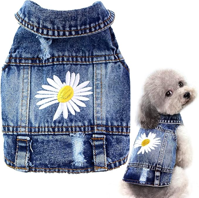 Dog Denim Jacket with Embroidered Daisy, Ripped Vintage Jean Vest for Small Dogs, Pugs, Chihuahuas, Spring Summer Autumn Festival Outfit