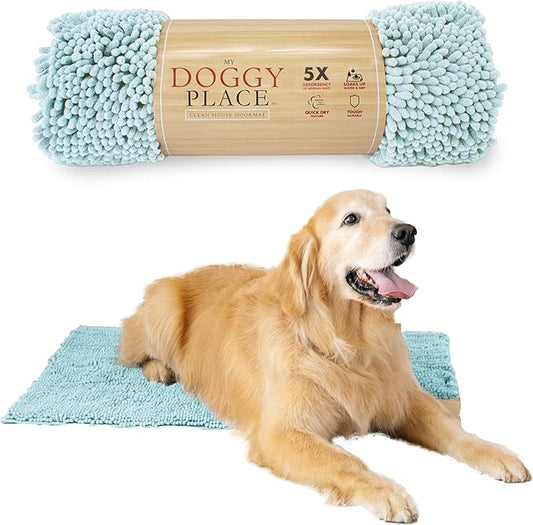 My Doggy Place Microfiber Dog Mat for Muddy Paws, 36" x 26" Light Blue - Absorbent and Quick-Drying Dog Paw Cleaning Mat, Washer and Dryer Safe - Non-Slip Rubber Backed Dog Floor Mat, Large