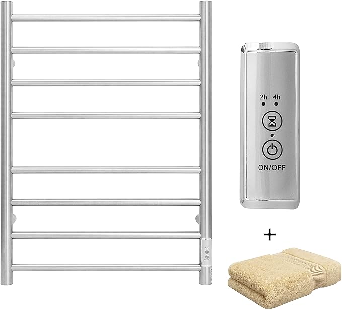 KEG Towel Warmer Wall Mounted with Built-in Timer 8 Bars Electric Stainless Steel Heated Towel Racks for Bathroom, Hot Plug-in Bath Towel Heater Brushed Nickel (TW-8-BN)
