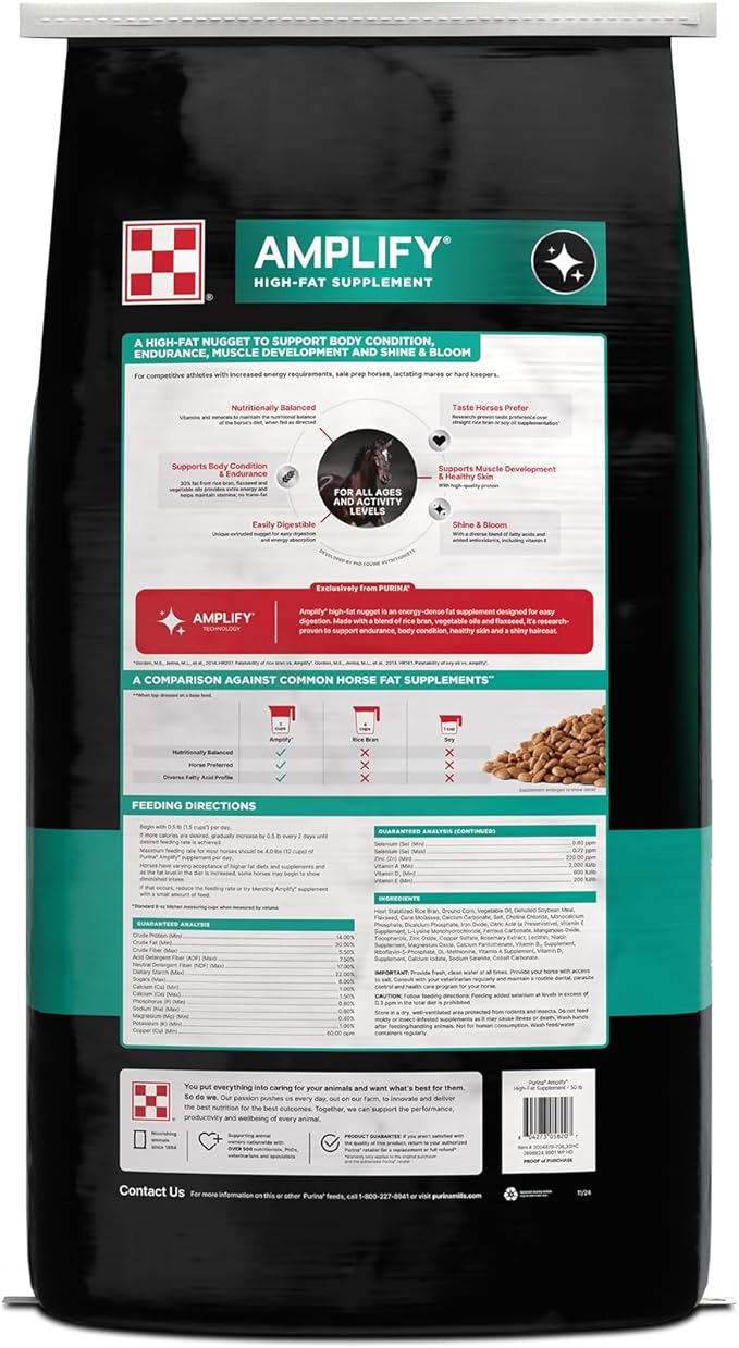 Purina, Amplify Equine, High-Fat Horse Supplement for Maintenance, Breeding, & Performance Horses, 50 lbs