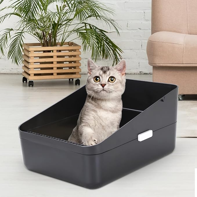 Sfozstra Open Top Litter Box: Black Medium Size with High Sides & Anti Leak Design, Easy Clean Litter Pan for Home Cats