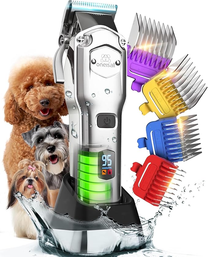 oneisall Dog Clippers for Grooming Thick Hair Professional,Cordless/Low Noise Pet Grooming Kit with Detachable Metal Combs, Rechargeable Heavy-Duty Pet Clippers for Thick/Curly/Fine/Wavy Hair (Sliver)