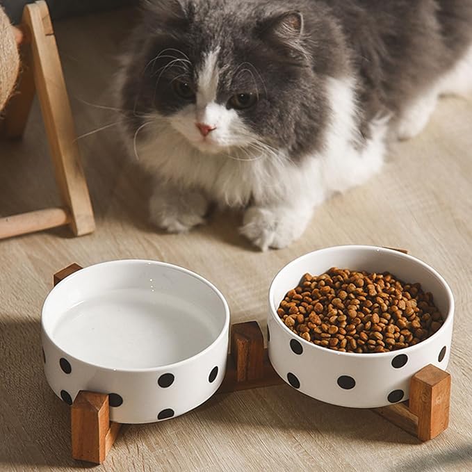 Petygooing Dog Bowls Ceramic, Cat Dog Bowl Set with Wood Stand for Food and Water,Non-Slip Cute Modern Pet Dishes for Cats Medium Size Dogs (28OZ/6.1 in) Black Dot