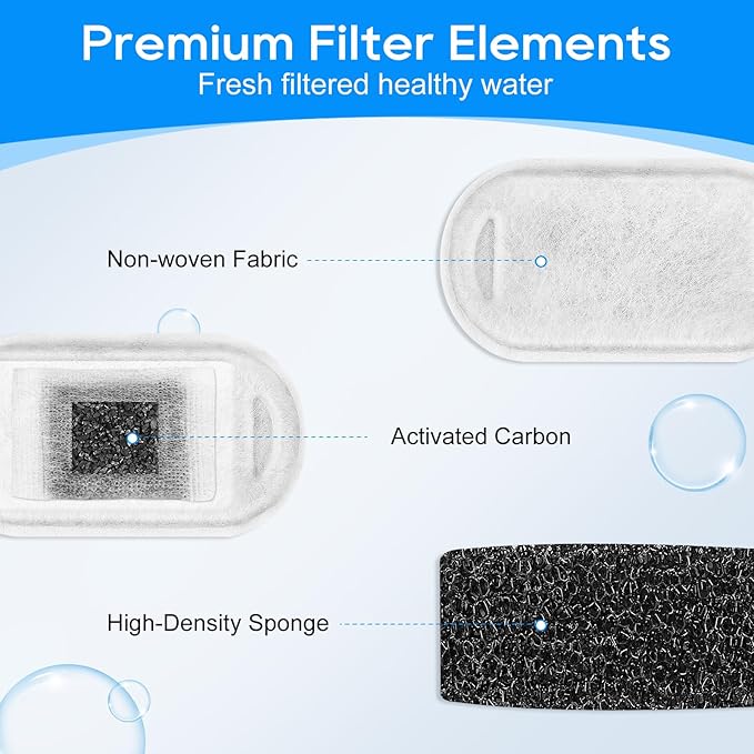 Cat Water Fountain Filter Replacement 67oz/2L, 8+8 Pack Filter & Sponge Compatible with Tomxcute Cat Fountain Stainless Steel 135oz/4.0L or 108oz/3.2L, Compatible with NautyPaws 3.2L/108oz