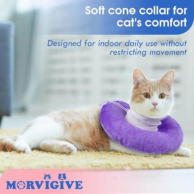 Lightweight Soft Cat Cone After Surgery, Adjustable Donut Collar with Drawstring Buckle, Scratch Resistant, Machine Washable, Suitable for Head/Foot Wounds Recovery, Purple Large
