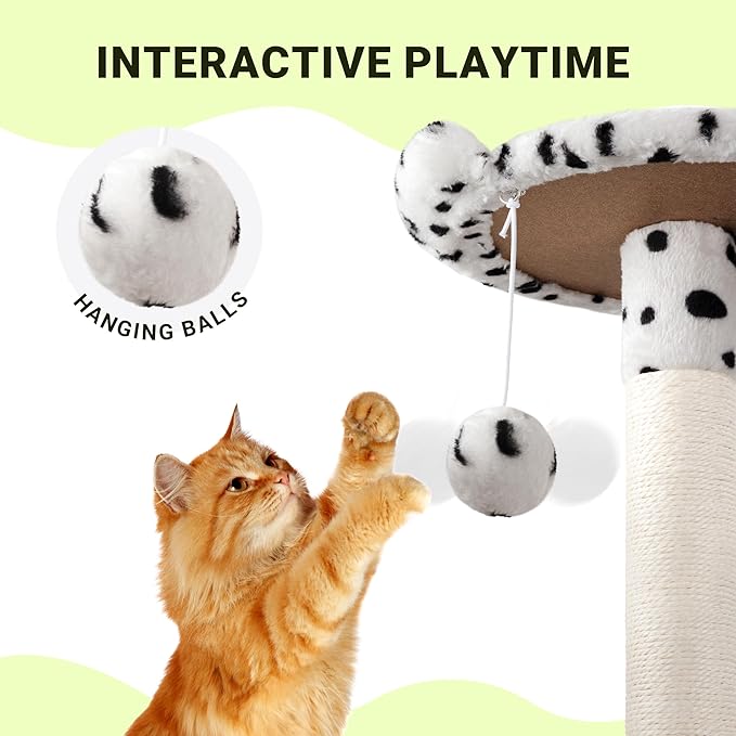 Allewie 64 Inches Cat Tree Tower/Multi-Level Activity Center for Indoor Big Felines/2 Plush Condos/2 Perchs/Basket/House/Sisal Scratching Posts/Hanging Cat Toys/White & Black Spot