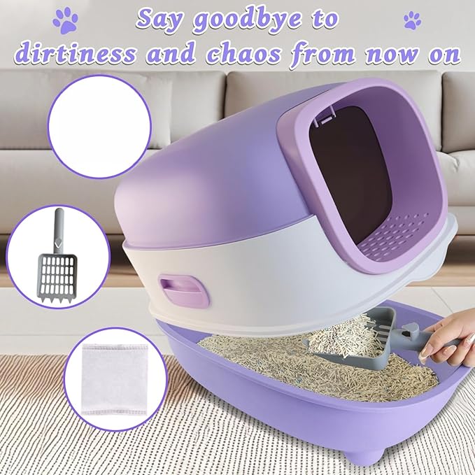 Large Cat Litter Box with Cat Litter Scoop, Foldable Litter Box with Lid, Front Entry and Exit Leak-Proof Litter Cat Box, Odor Control, Easy to Clean (Purple)