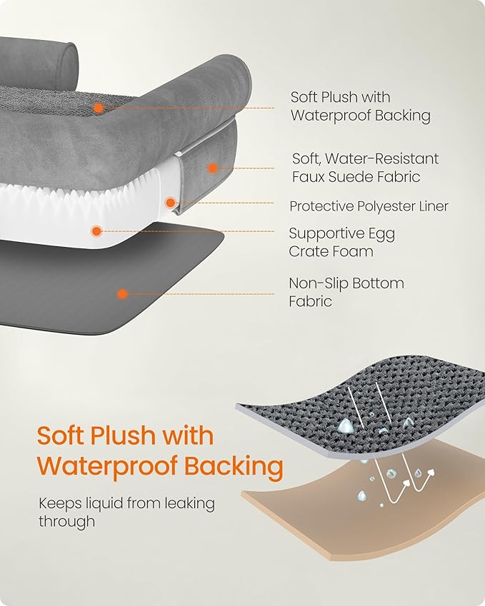 Feandrea Dog Bed, Orthopedic Large Waterproof Bed, Removable Washable Cover Dog Sofa with Non-Slip Bottom, Raised Edges, 42 x 32 x 8 Inches, Light Gray UPGW077G02V1