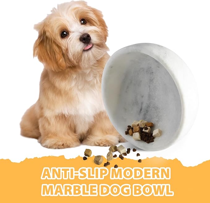 White Marble Dog Bowl - Non-Slip, Non-Tipping, Heavy Duty for Large Dogs - African Natural Stone Water and Food Bowl, Holds 4.6 Cups (7.5lbs)