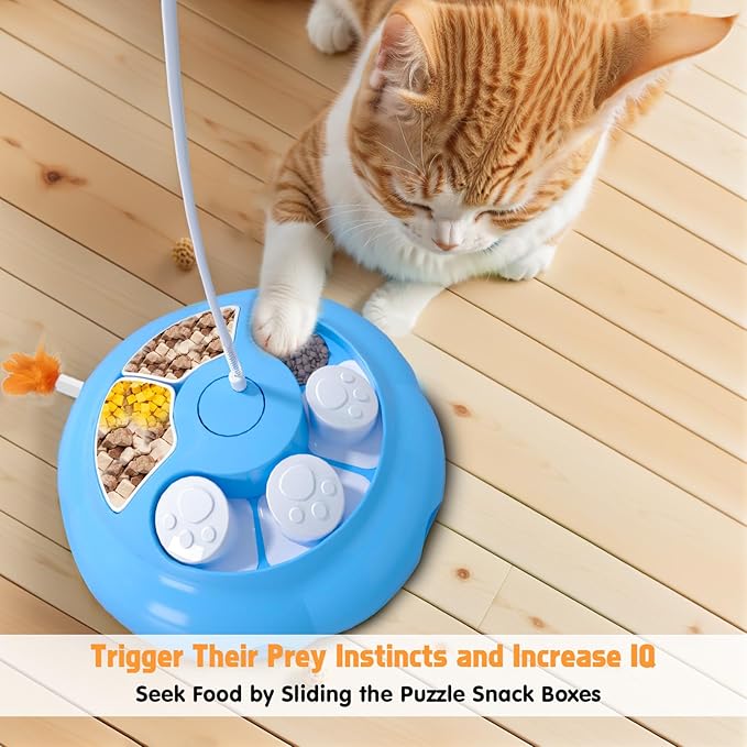 Interactive Cat Toys for Indoor Cats, 4in1 Pet Teaser Toy with Ambush Feather Wand, Motorized Fluttering Butterfly and Slow Feeder, Rechargeable Power Treat Puzzle Toy(Blue)