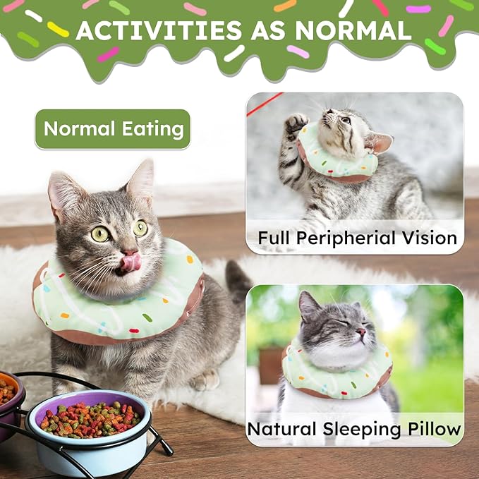 Cat Cone Collar Soft, Waterproof Cat Recovery Collars Spay Cones to Stop Licking Cute Donut E Collar After Surgery Anti-Lick Wound Healing Safety Elizabethan Collar for Kittens (Donut Green, Small)