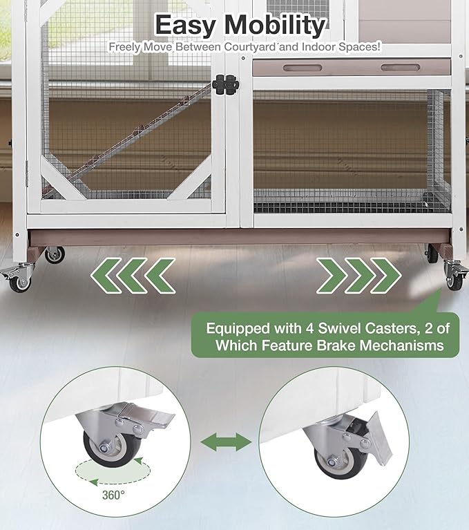 Rabbit Hutch 2-Story Wooden Bunny Cage with 2 Leak-Proof Sliding Trays, Chew-Proof Metal Mesh, Rainproof Cover, Indoor & Outdoor Guinea Pig House with Wheels - Brown