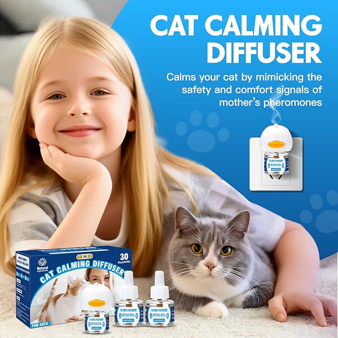 Cat Calming Pheromones Diffuser: 3-in-1 Kit Cat Appeasing Pheromone Diffuser to Calm (1 Plugin+2x48ml Refills) for Comfort Reduces Stress Anxiety, Long-Lasting Appeasing Pheromone for Pet Cat (3in1)