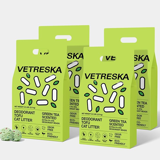 VETRESKA Tofu Cat Litter, Natural Kitty Litter Strong Clumping Flushable Cat Litter Pellets Ultra Absorbent, Odor Control, Dust-Free, Low Tracking Eco-Friendly Tofu Litter, Greentea(5.5lb×4bags)