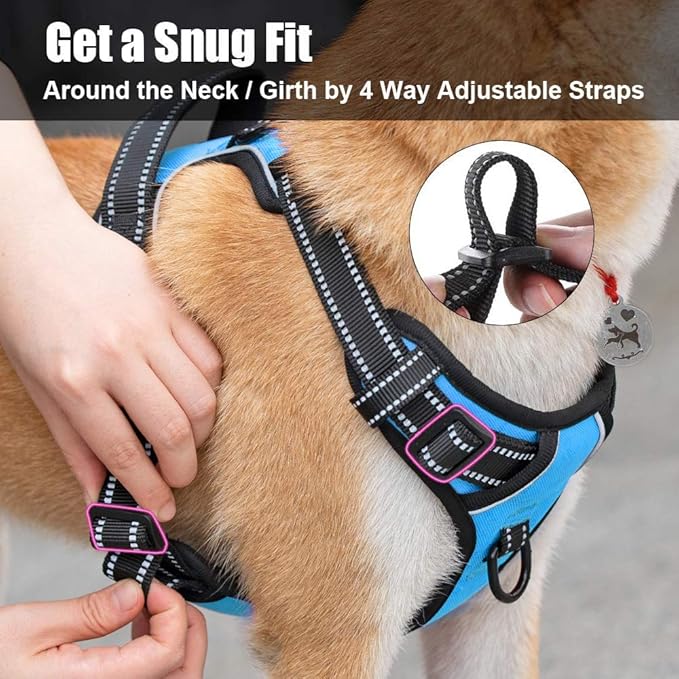 PoyPet No Pull Dog Harness, Reflective Comfortable Vest Harness with Front & Back 2 Leash Attachments and Easy Control Handle Adjustable Soft Padded Pet Vest for Small to Large Dogs (Blue,XL)