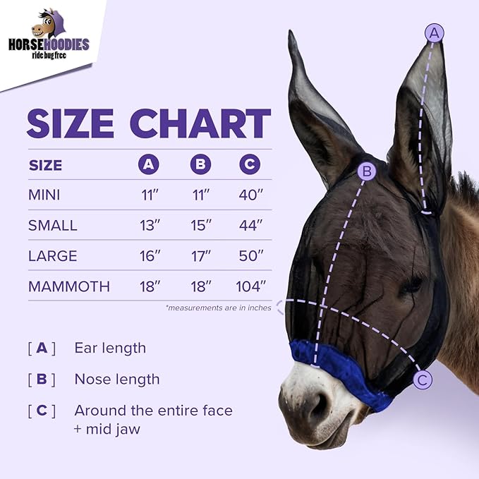 Donkey Fly Mask with Long Ears (Blue) Made in USA - Mule Fly Mask with Ears Protection from Insects and Bugs, Mini Donkey Soft Mesh Fabric with Adjustable Fastener, Face Cover Supplies for Donkeys