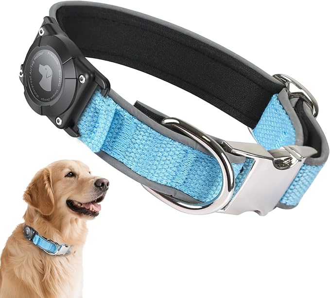 Waterproof Airtag Dog Collar - Nylon Collar with Durable Airtag Holder, Reflective&Anti-Lost with Safety Metal Buckle, Soft Padded Adjustable for Small Medium Large Dogs Blue S
