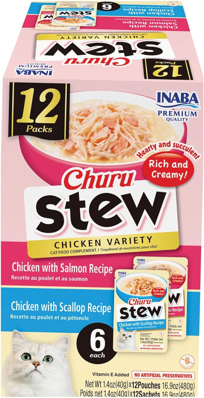 INABA Churu Stew for Cats, Side Dish Pouch with Vitamin E, 1.4 Ounces per Pouch, 12 Pouches, Chicken Variety