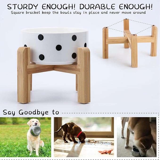 Petygooing 28 OZ Elevated/Raised Ceramic Dog Bowl for Small Medium Breeds, Dog Food Water Dish with Stand,Pet Bowl with Anti Slip Rubber for Cats Small and Medium Dogs (3.6 Cups) Black Dot