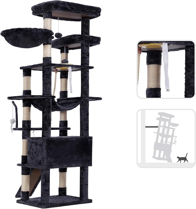Heybly Tall Cat Tree, 78-inch Multi-Level Cat Tower for Indoor Cats, 2 Widened Plush Perches Cat Condo with Scratching Board and Big Caves, Smoky Gray HCT033G