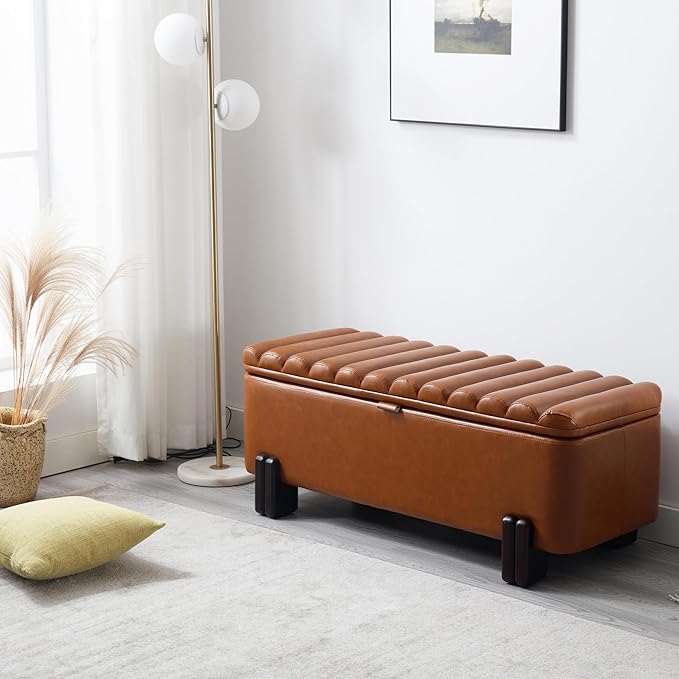 Wavy Ottoman Storage Bench Multi-Functional Narrow Entryway Bench Elegant End of Bed Bench with Storage and Safty Hinge for Living Room Entryway Hallway Bedroom Boutique, Brown