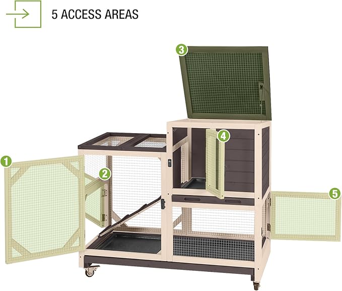 GUTINNEEN Rabbit Hutch Indoor Mobile Bunny Cage with Run Wooden 2 Story Guinea Pig Cage Outdoor for Small Animals with Wheels,Two Deeper No Leak Trays(Brown)