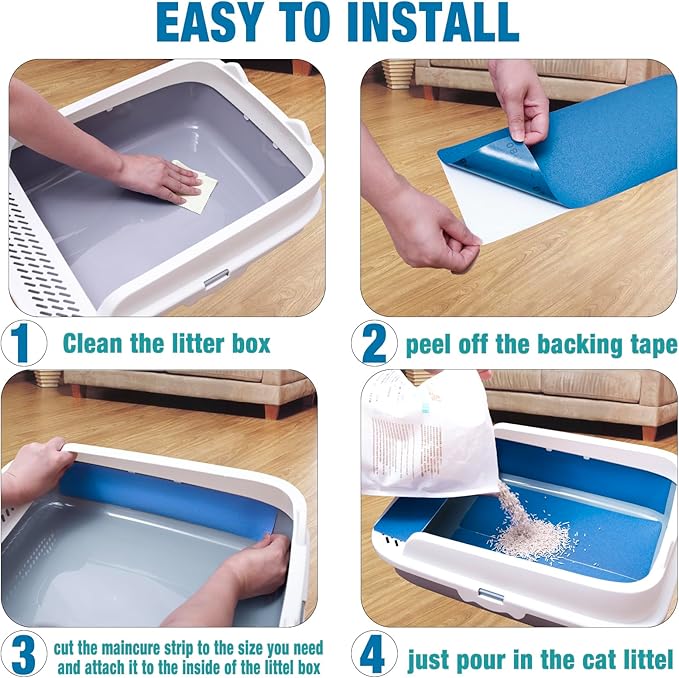 Cat Nail File Scratching Strips - 6 Pcs Cat Scratcher Liner for Litter Box, 3 Pairs Peel Stick Cat Strips in Different Sizes - Recommended for Litter Box Use (Blue)