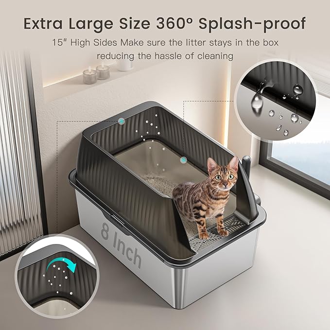 Tripamin 2PACK Stainless Steel Litter Box, 8" Metal Litter Boxs with Lid High Sides, XL Extra Large Litter Box for Big Cats, Leak-Proof, Easy Cleaning, Non-Sticky(Translucent Black)