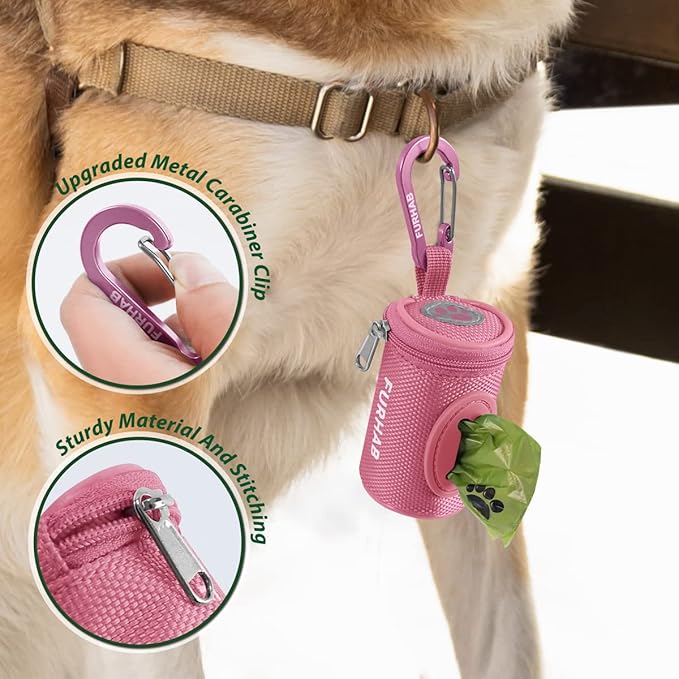 Dog Poop Bag Holder for Leash Doggie Waste Bag Dispenser Soft Fabric Puppy Potty Carrier Small Doggy Zipper Pouch with Carabiner Clip 1680D Nylon Oxford with 1 Roll of Pet Trash Bags, Pink
