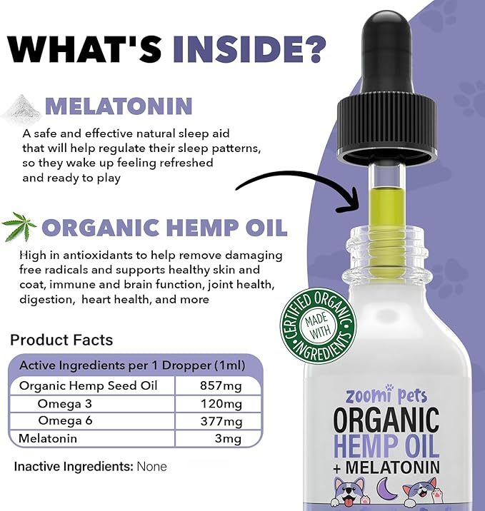 Melatonin + Organic Calming Hemp Oil for Dogs Anxiety and Stress Relief - Calming Drops Pet Hemp Oil for Dogs & Cats - Hip and Joint Support Supplement for Dogs Pain Management (2oz)
