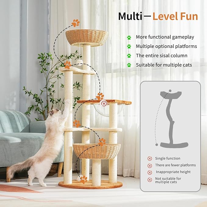 Modern Cat Tree Tower,Hand-Woven Ma Teng cat nest, Sisal-Covered Scratching Posts for Indoor Cats, Multi-Level Cat Condo with Space Capsule Nest, Tall Cat Tree for Multiple Large Cats