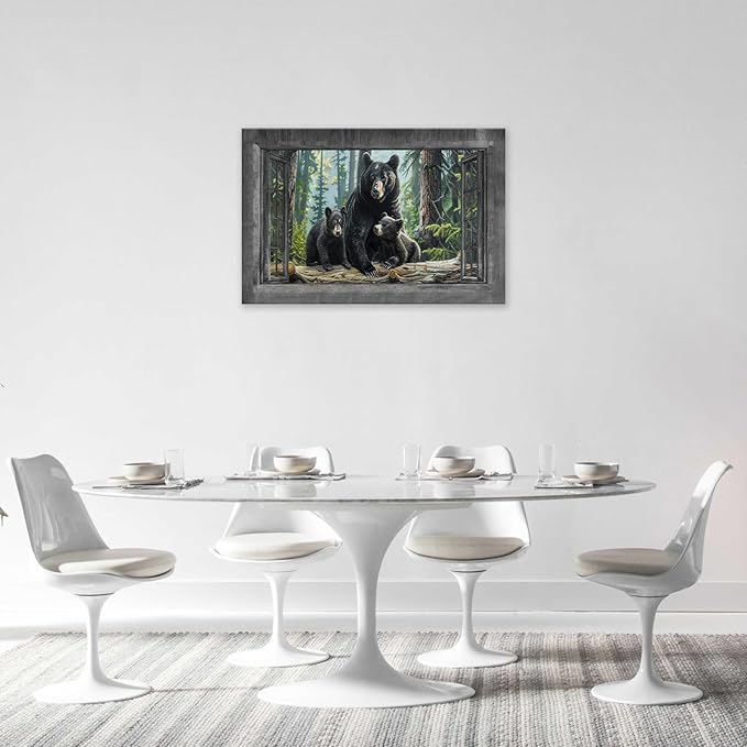 Black Bear Wall Art Forest Window Canvas Cabin Living Room Pictures Prints Animal Wall Decor Painting Artwork for Bedroom Dining Office Home 24"x16"