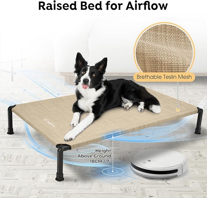 Veehoo Heavy Duty Elevated Dog Bed - Raised Dog Cot with Washable & Breathable Teslin Mesh, Non-Slip Silicon Feet, Cooling for Indoor or Outdoor, 35" x 22", Beige Coffee