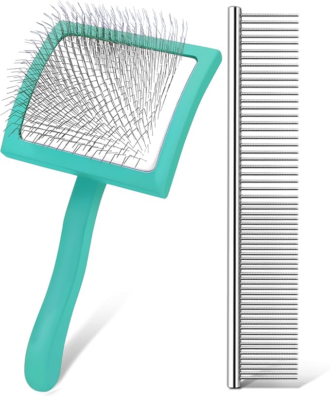 Slicker Brush for Dogs, Long Pin Dog Grooming Brush for Goldendoodles, Poodles, Doodles & More, Includes Bonus Pet Comb, Perfect for De-Shedding, Dematting & Reducing Tangles. Large, Green