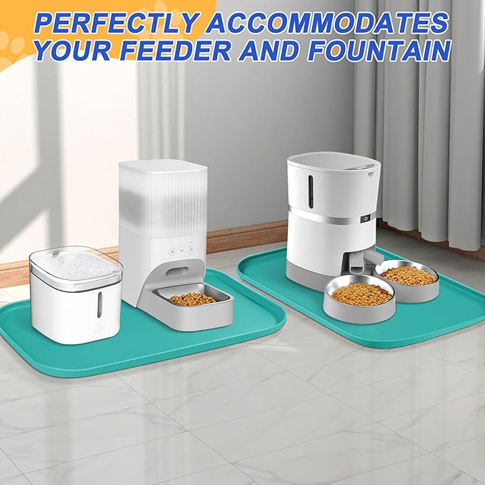 Silicone Pet Feeding Mat with Raised Edge for Food and Water, Dog Bowl Mats, Cat Bowls Placemat with High Lip for Floor Waterproof, Rubber Tray for Cats and Dogs 19 x 12 x0.7 Dark Turquoise