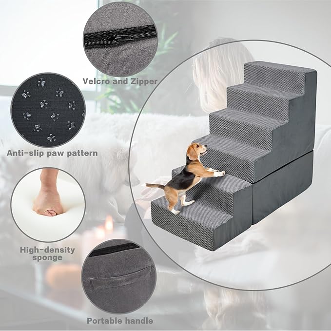 Dog Steps for High Beds 30-32" H - 6-Step Dog Stairs for Small Dogs, 33D Foam Pet Steps for High Bed with Non-Slip Bottom and Washable Cover, Dogs Ramp for Bed Indoor, Grey