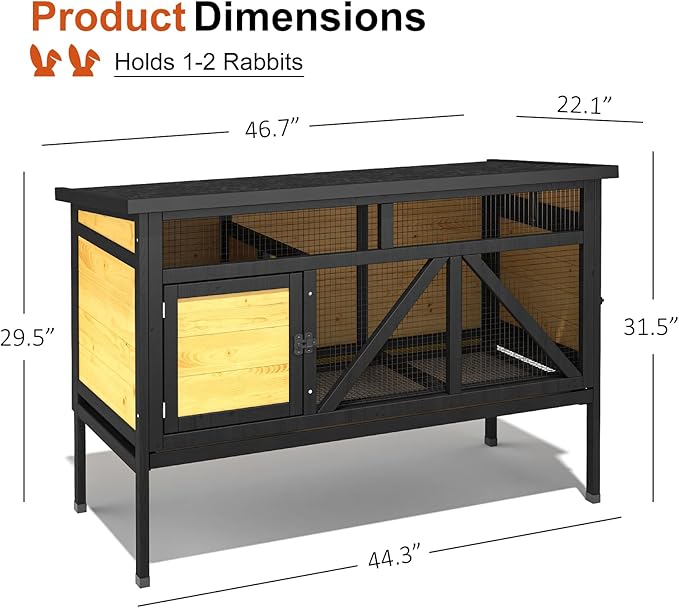 46.7" Rabbit Cage Elevated Bunny Cage Indoor, Outdoor Rabbit Hutch Hamster Cages for Small Animals, Wooden Guinea Pig Cages with Removable Tray & Waterproof Asphalt Roof & Bottom Wire Mesh