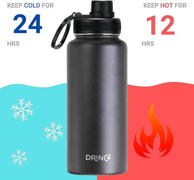 DRINCO Stainless Steel Water Bottle Spout Lid Vacuum Insulated Double Wall Water Bottle Wide Mouth (40oz 32oz 22oz 18oz 14oz) Leak Proof Keep Cold Sport Camping Hiking (32 oz, 32oz Black)