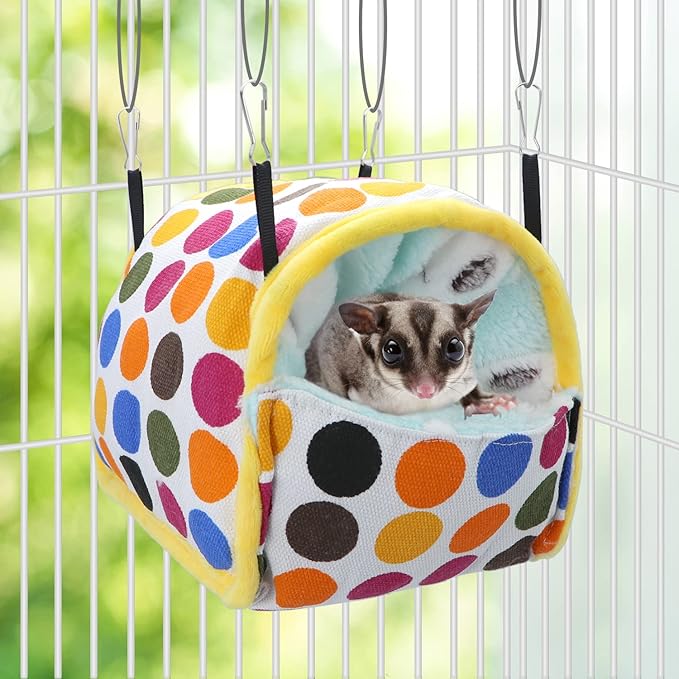 Wontee Hamster Bed Hideout Sugar Glider Hammock Small Animal Warm Bed House for Hamsters Hedgehogs Sugar Glider Gerbils Mice (Large, Colorful Dots)