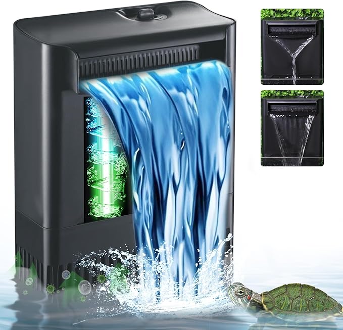 Turtle Tank Filter w/U-V Light for Large 40-150 Gal Tank 4-Stage Flow Adjustable Low Water Level Internal Deodorization Green Clean Machine Killing Cloudy Saltwater Freshwater Aquarium Crystal Clear