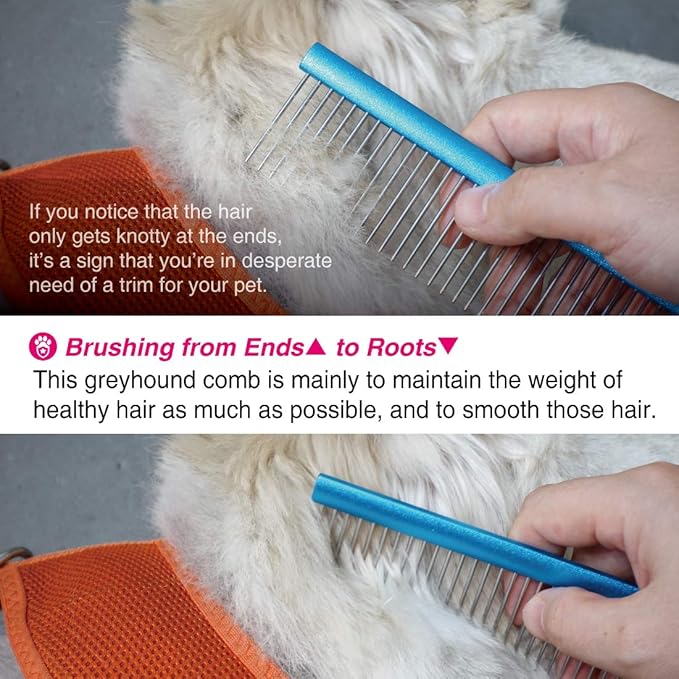 Greyhound Comb with Oval Handle for Dogs and Cats, Removing and Shedding Matted, Tangled Hair, Metal Comb with Stainless Steel Pins, Detangling Grooming Tool (9.8" Blue-20% fine pins)