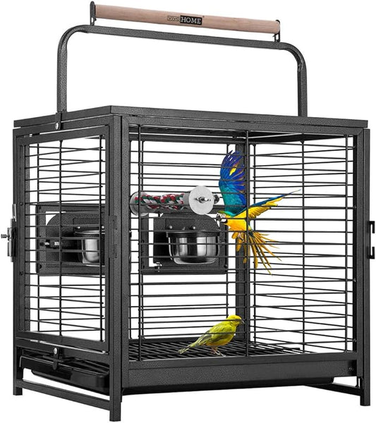 VIVOHOME 19 Inch Wrought Iron Bird Travel Carrier Cage for Parrots Conures Lovebird Cockatiel Parakeets Black