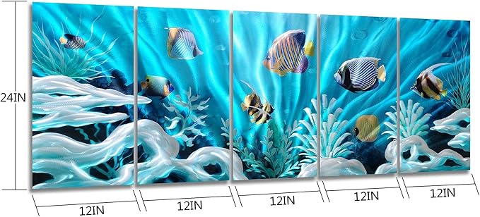 SYGALLERIER Fish Metal Wall Art Hand Crafted Large 3D Sea Life Pictures Modern Abstract Coastal Aluminum Artwork Contemporary Sculpture for Living Room Bedroom Dinning Decor