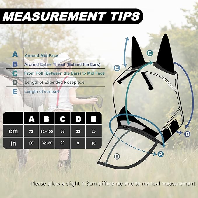 Luminous Horse Fly Mask with Long Nose, Ears, Full Face & Eye Protection - Full Mesh, Detachable Nose Cover, Fleece Padded Edging, Hook-and-Loop Straps with Webbing, Hanging Straps Black