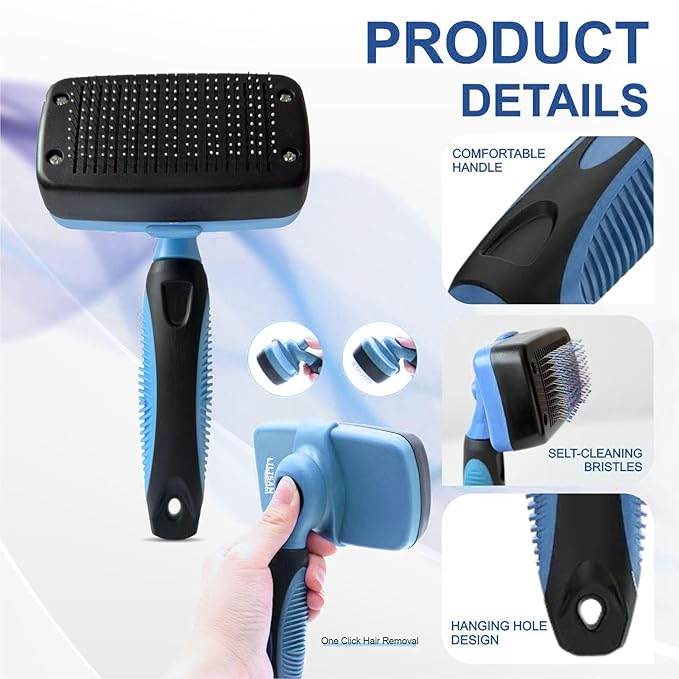 Pet Self Cleaning Slicker Brush and Grooming Comb - Gently Removes Loose Hair, Tangles, and Dirt - Skin Friendly Deshedding Grooming Tool for Hair Dogs & Cats - Pet Supplies Accessories (Blue)